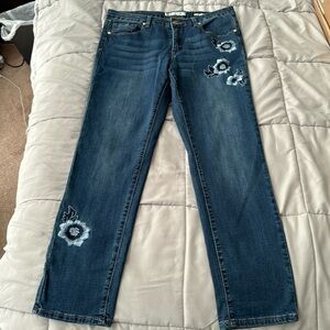 Anne Klein Girlfriend Jeans with Blue Floral Embroidery